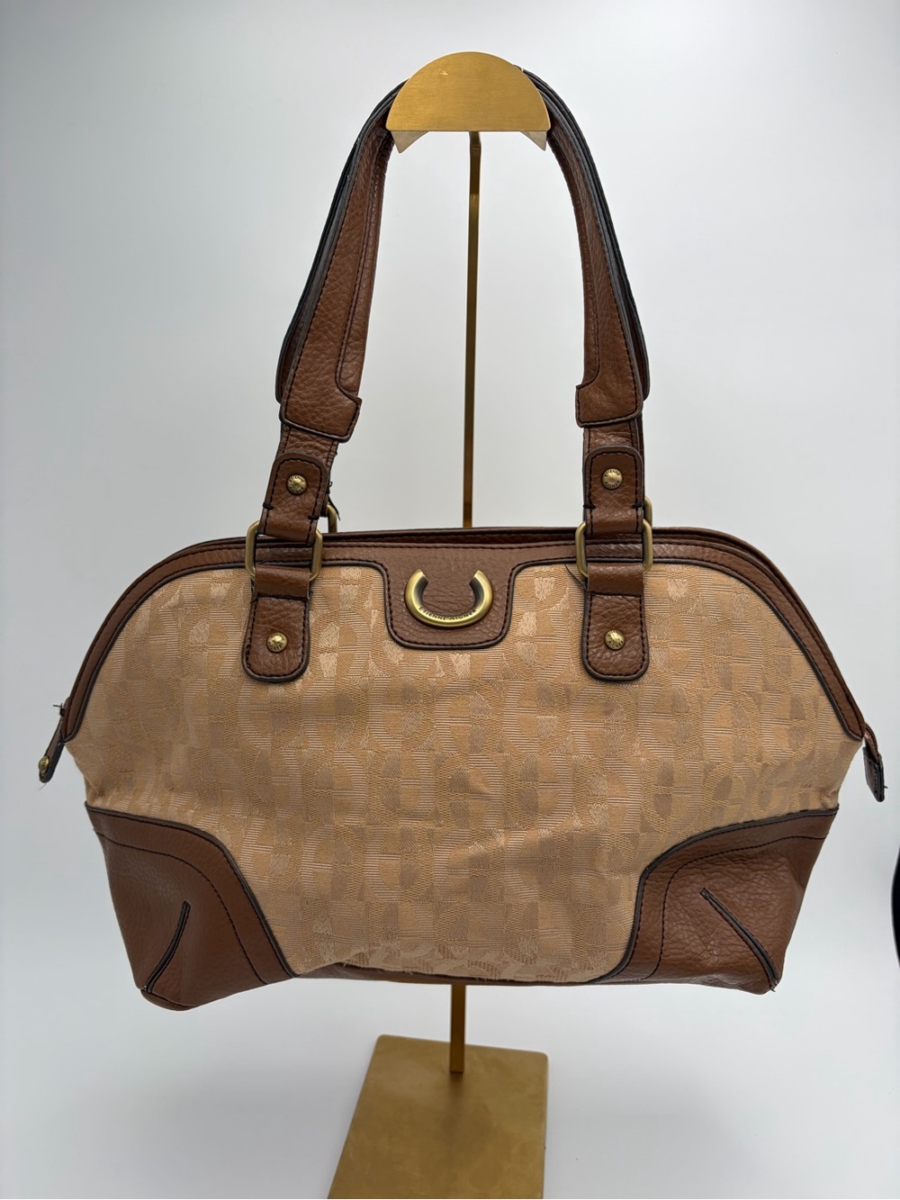 Etienne Aigner Jacquard Monogram Satchel Brown Tan Shoulder Bag